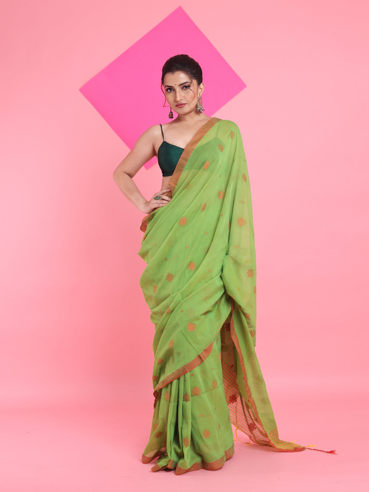 Light Green Cotton Saree With Texture Pattern