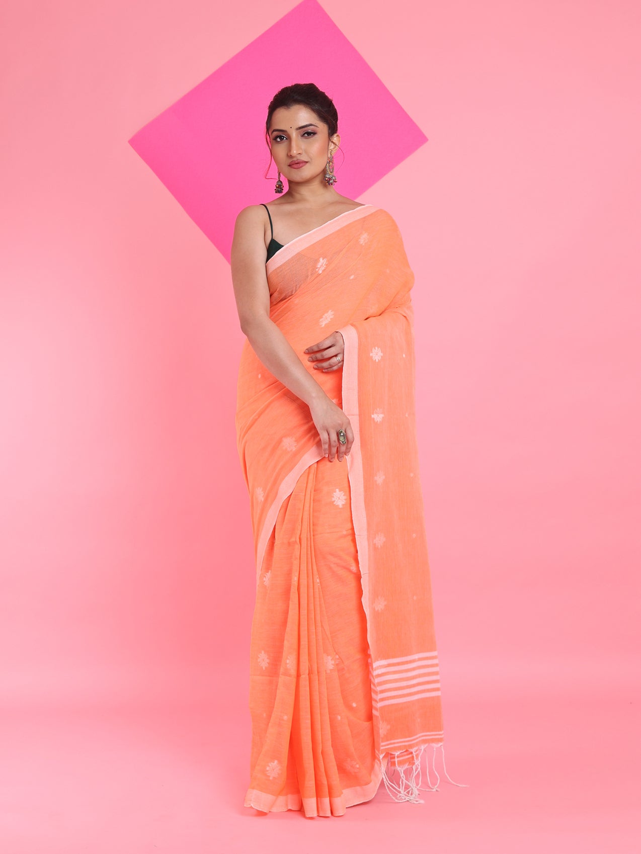 Orange Cotton Saree With Texture Pattern