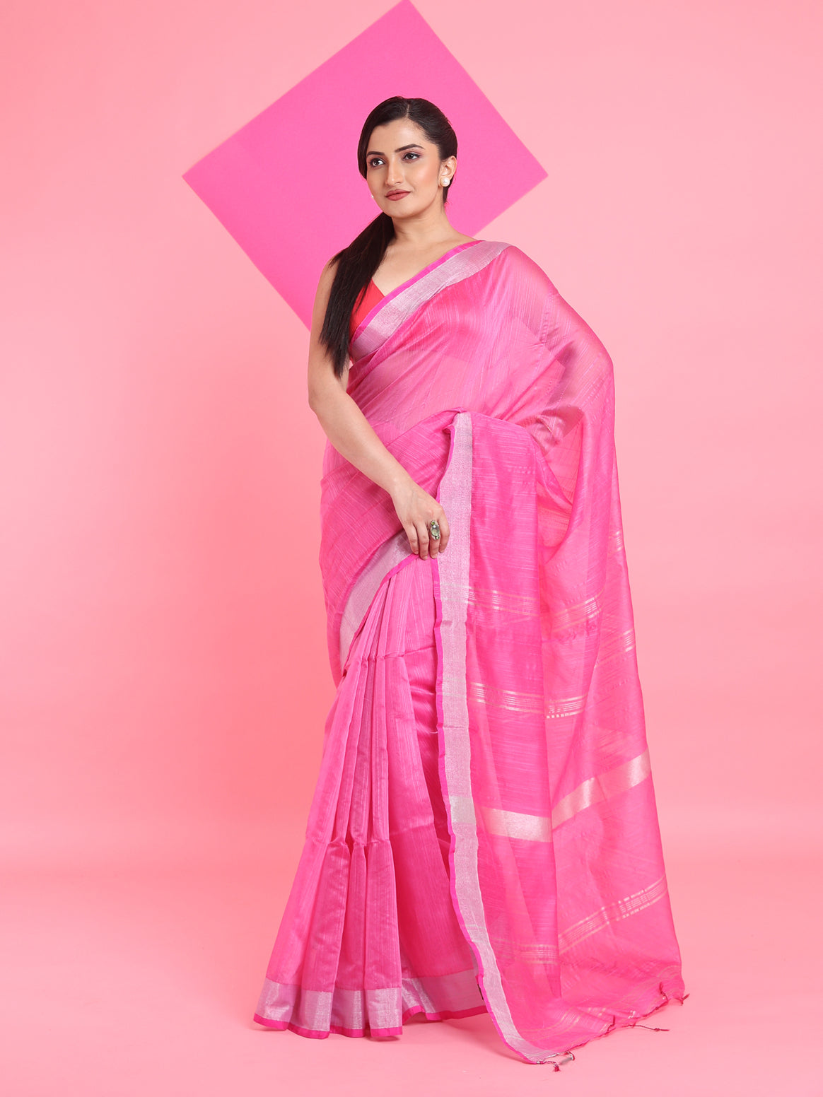 Pink Cotton Silk Saree With Zari Woven Stripes Pallu