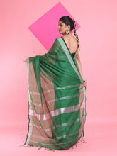 Load image into Gallery viewer, Green Cotton Silk Saree With Zari Woven Stripes Pallu
