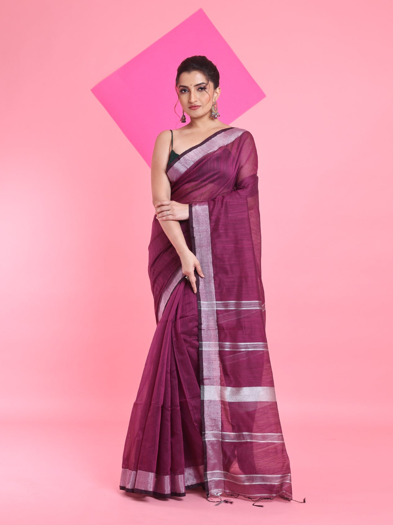 Purple Cotton Silk Saree With Zari Woven Stripes Pallu