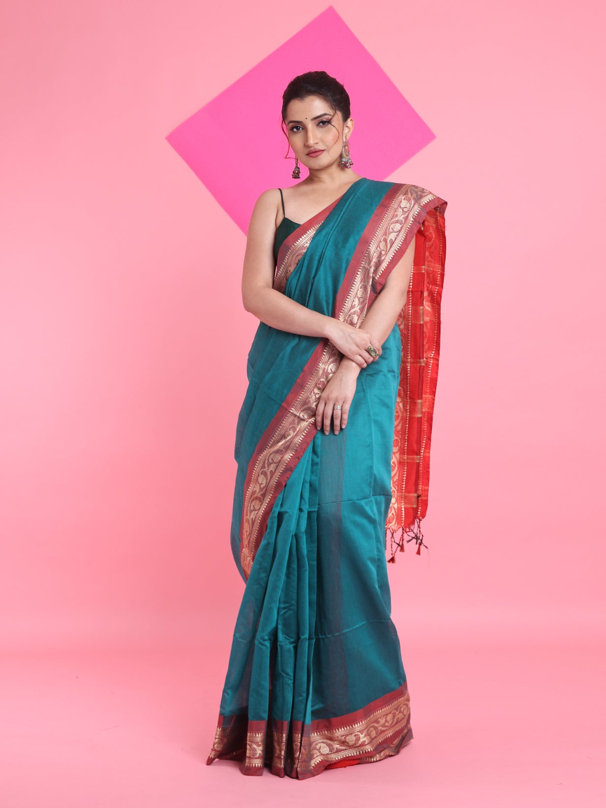 Teal Cotton Silk Saree With Nakshi Borders