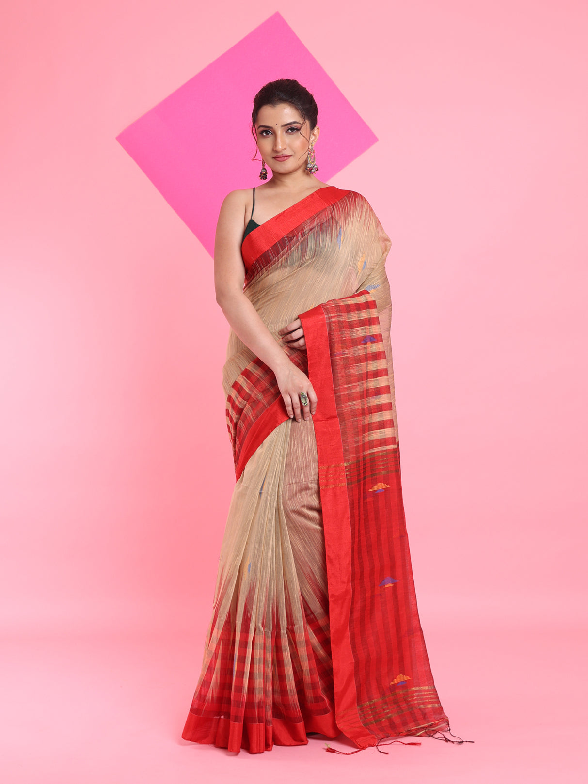 Beige Cotton Silk Saree With Ikkat Pattern