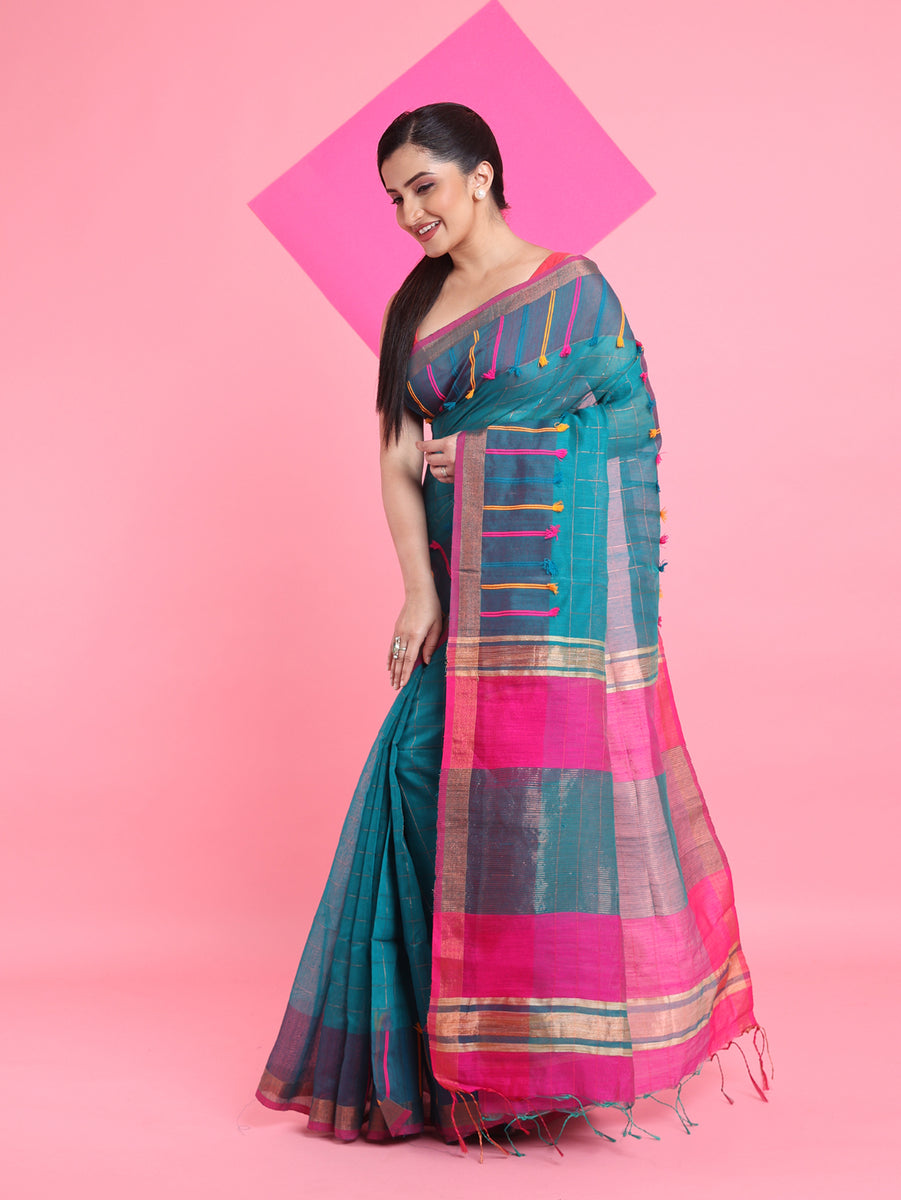Teal Cotton Silk Saree With Check Designs – arhi.in