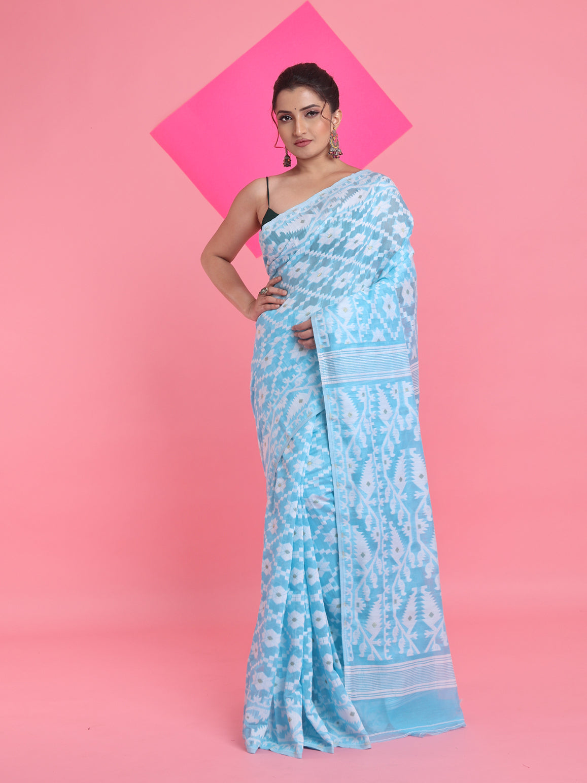 Sky Blue Jamdani Saree With All Over Thread Weaving