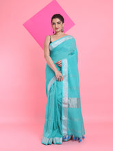 Load image into Gallery viewer, Sea Green Linen Saree With Zari Border
