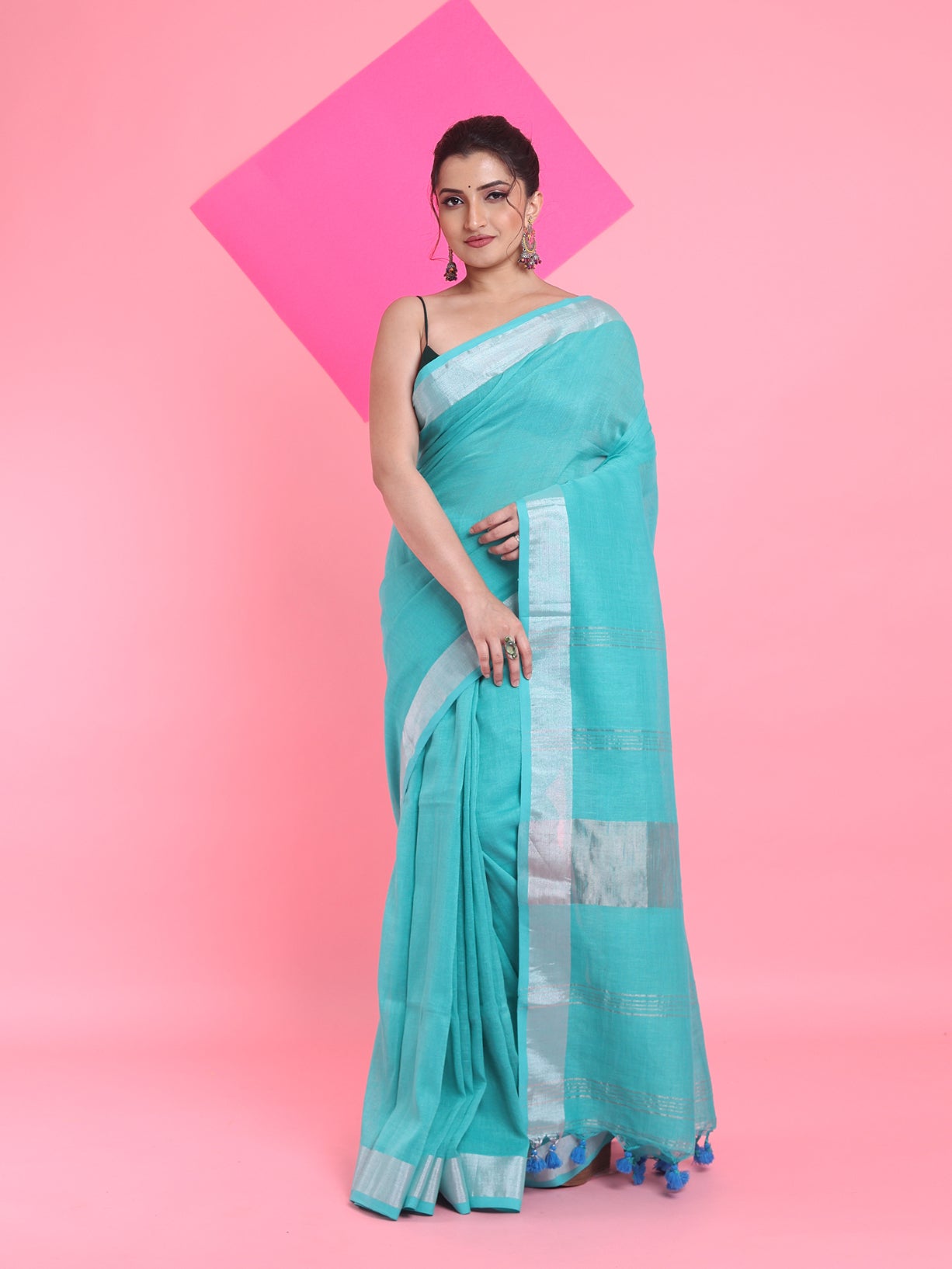 Sea Green Linen Saree With Zari Border