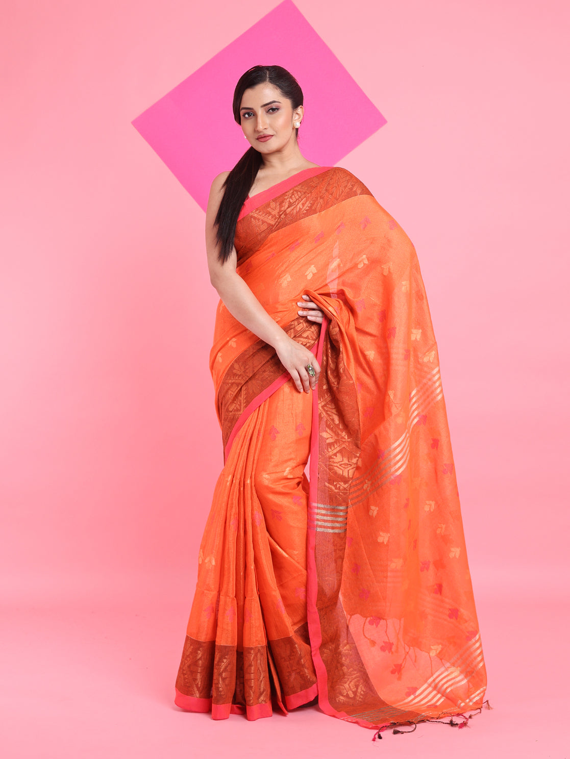 Orange Tissue Soft Saree With Texture Designs