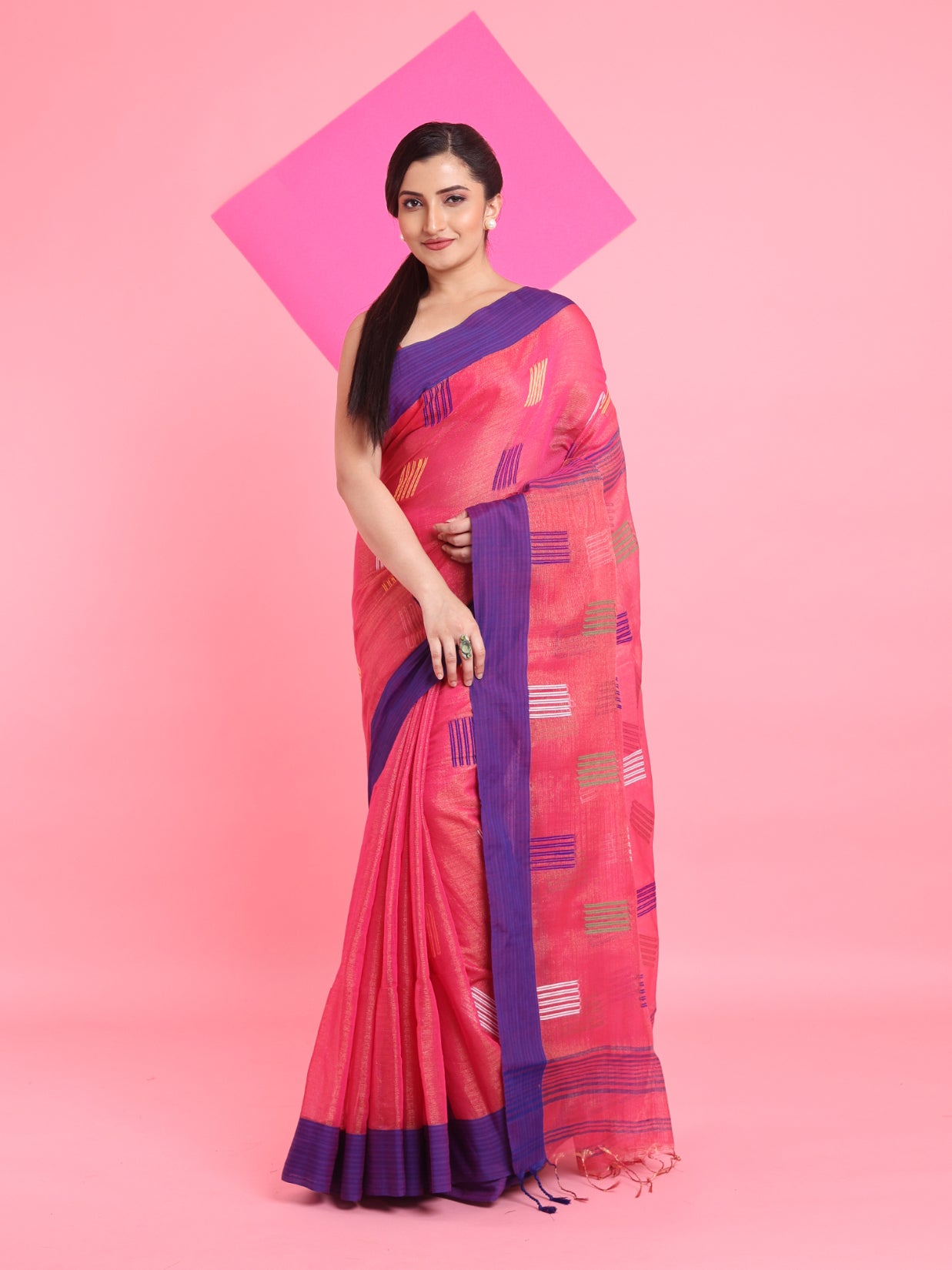 Punch Pink Tissue Saree With Woven Designs