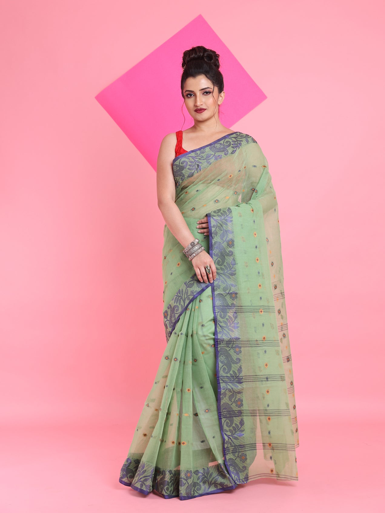 Pistachio Green Pure Cotton Tant Saree With Woven Designs