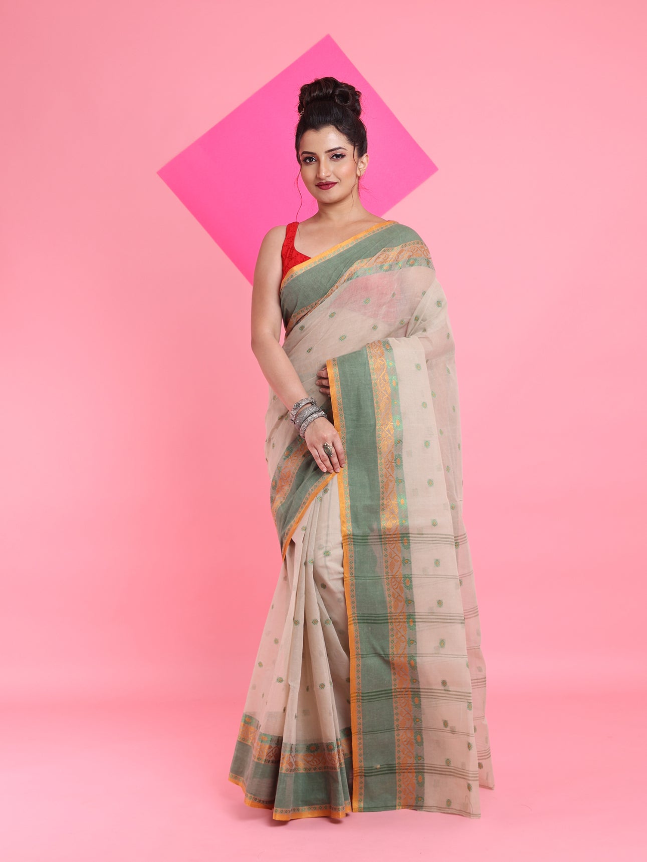 Ecru Pure Cotton Tant Saree With Woven Designs