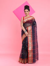 Load image into Gallery viewer, Navy Blue Pure Cotton Tant Saree With Woven Designs
