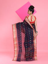 Load image into Gallery viewer, Navy Blue Pure Cotton Tant Saree With Woven Designs
