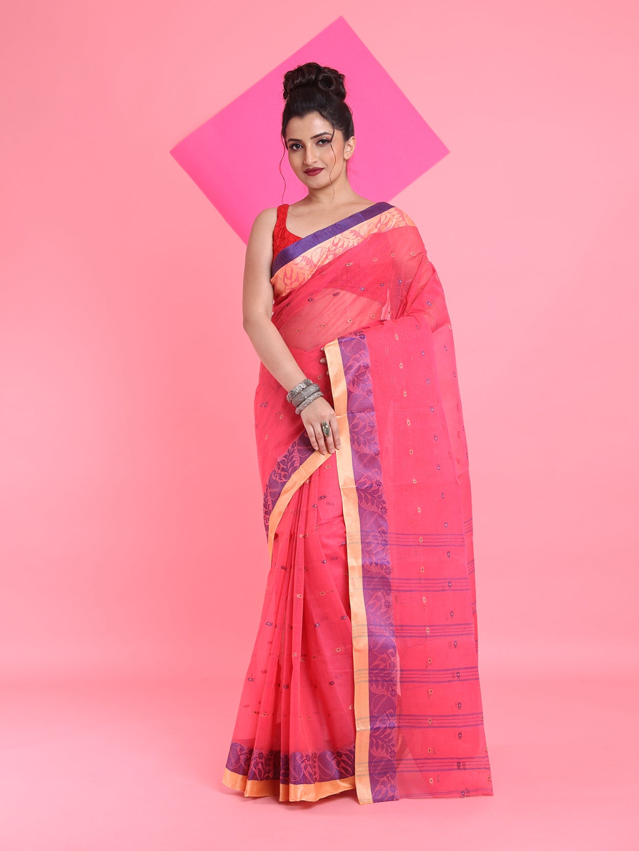 Fuchsia Pure Cotton Tant Saree With Woven Designs