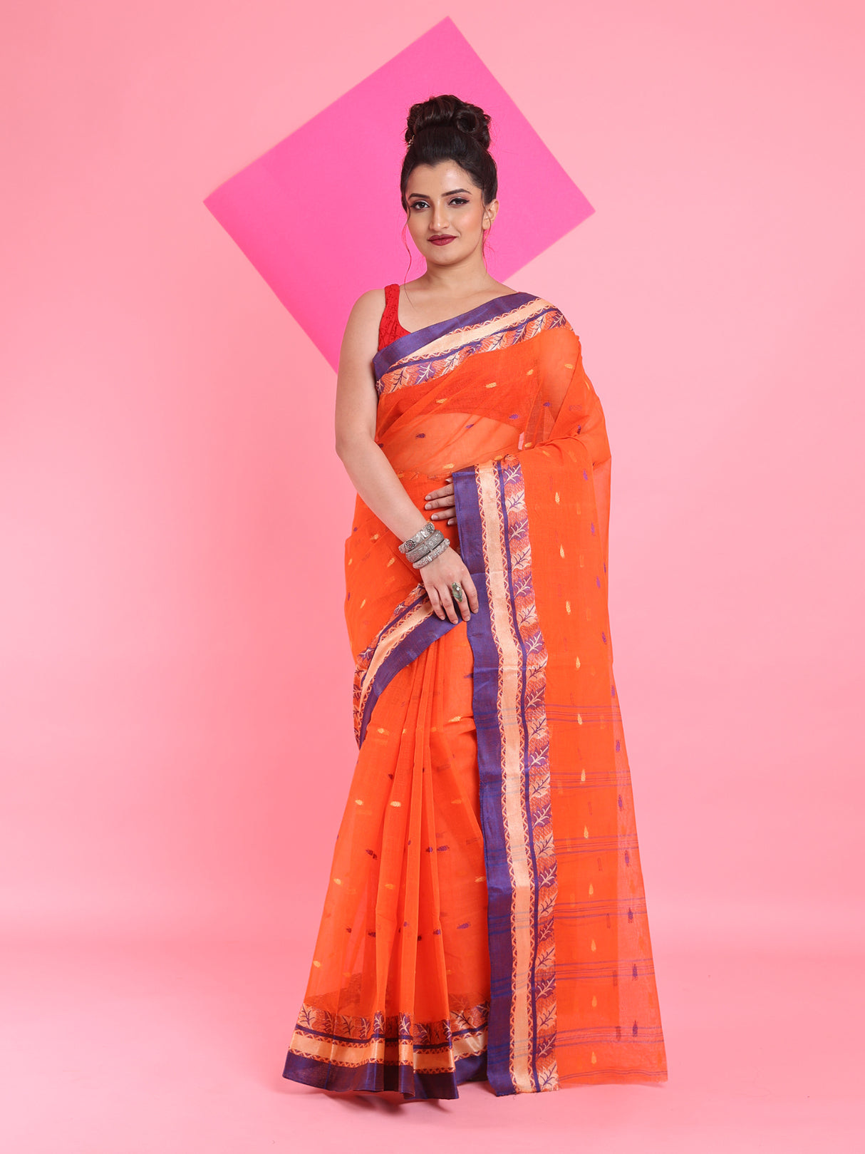 Orange Pure Cotton Tant Saree With Woven Designs