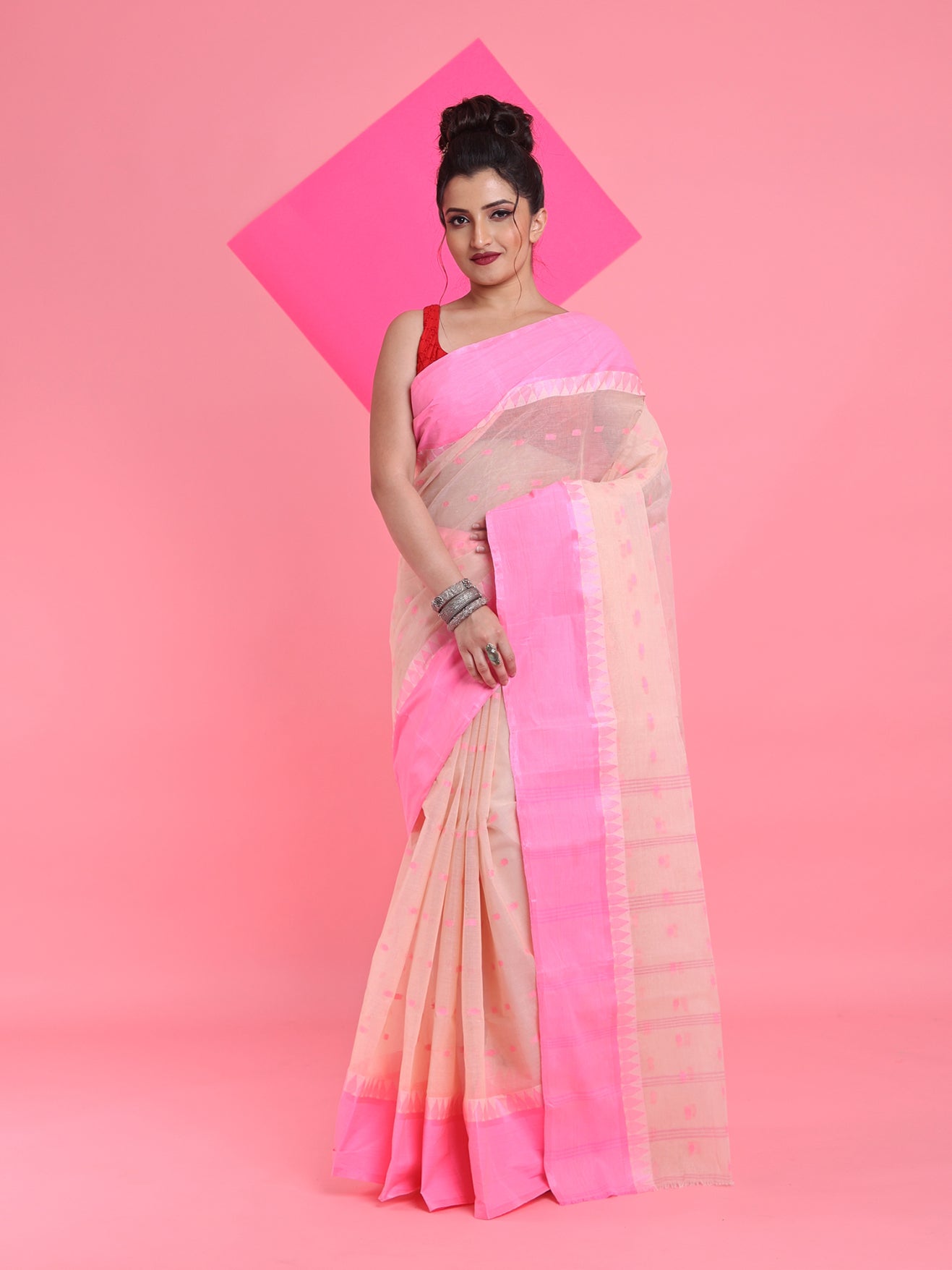 Beige Pure Cotton Tant Saree With Woven Designs