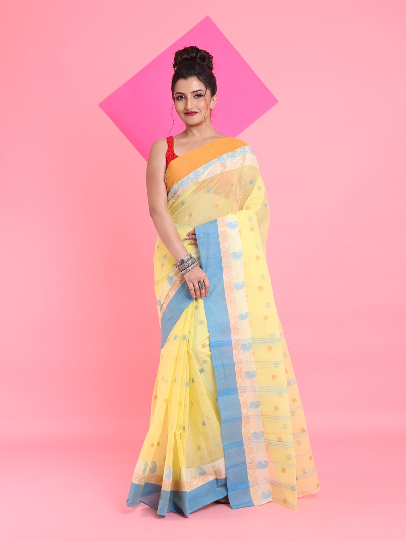 Banana Yellow Pure Cotton Tant Saree With Woven Designs