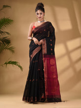 Load image into Gallery viewer, Black Cotton Blend Handwoven Saree With Woven Zari Border
