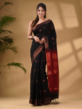 Load image into Gallery viewer, Black And Red Cotton Blend Handwoven Saree With Woven Zari Border

