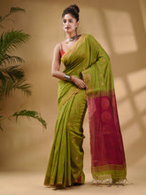 Load image into Gallery viewer, Lime Green Cotton Blend Handwoven Saree With Woven Zari Border
