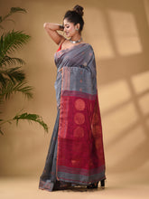 Load image into Gallery viewer, Grey Cotton Blend Handwoven Saree With Woven Zari Border
