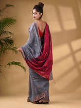 Load image into Gallery viewer, Grey Cotton Blend Handwoven Saree With Woven Zari Border
