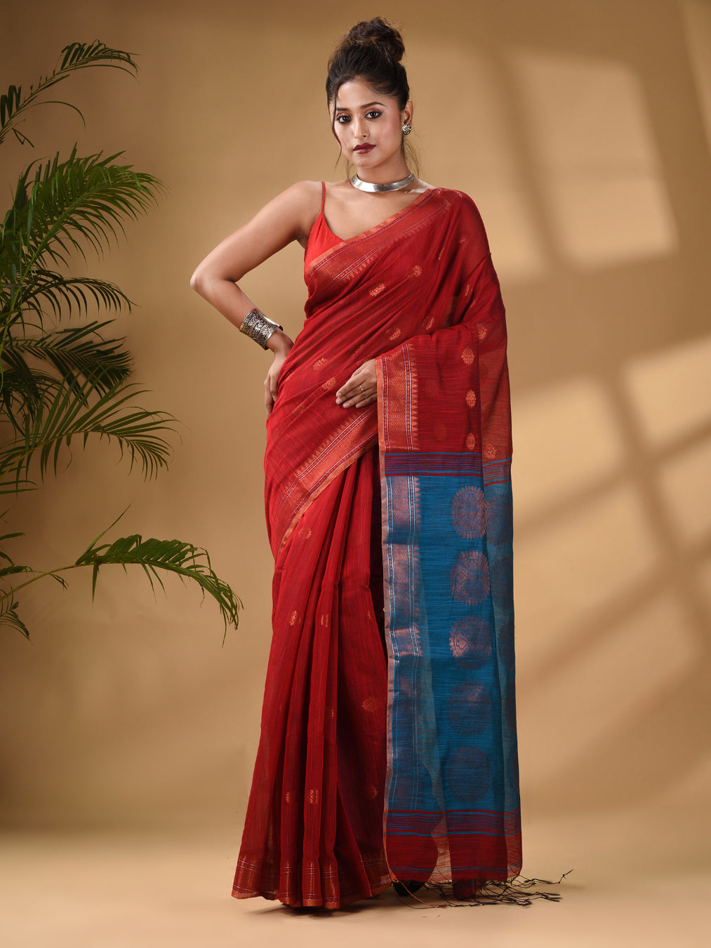 Red Cotton Blend Handwoven Saree With Woven Zari Border