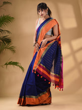 Load image into Gallery viewer, Blue Cotton Blend Handwoven Saree With Stripes Pallu
