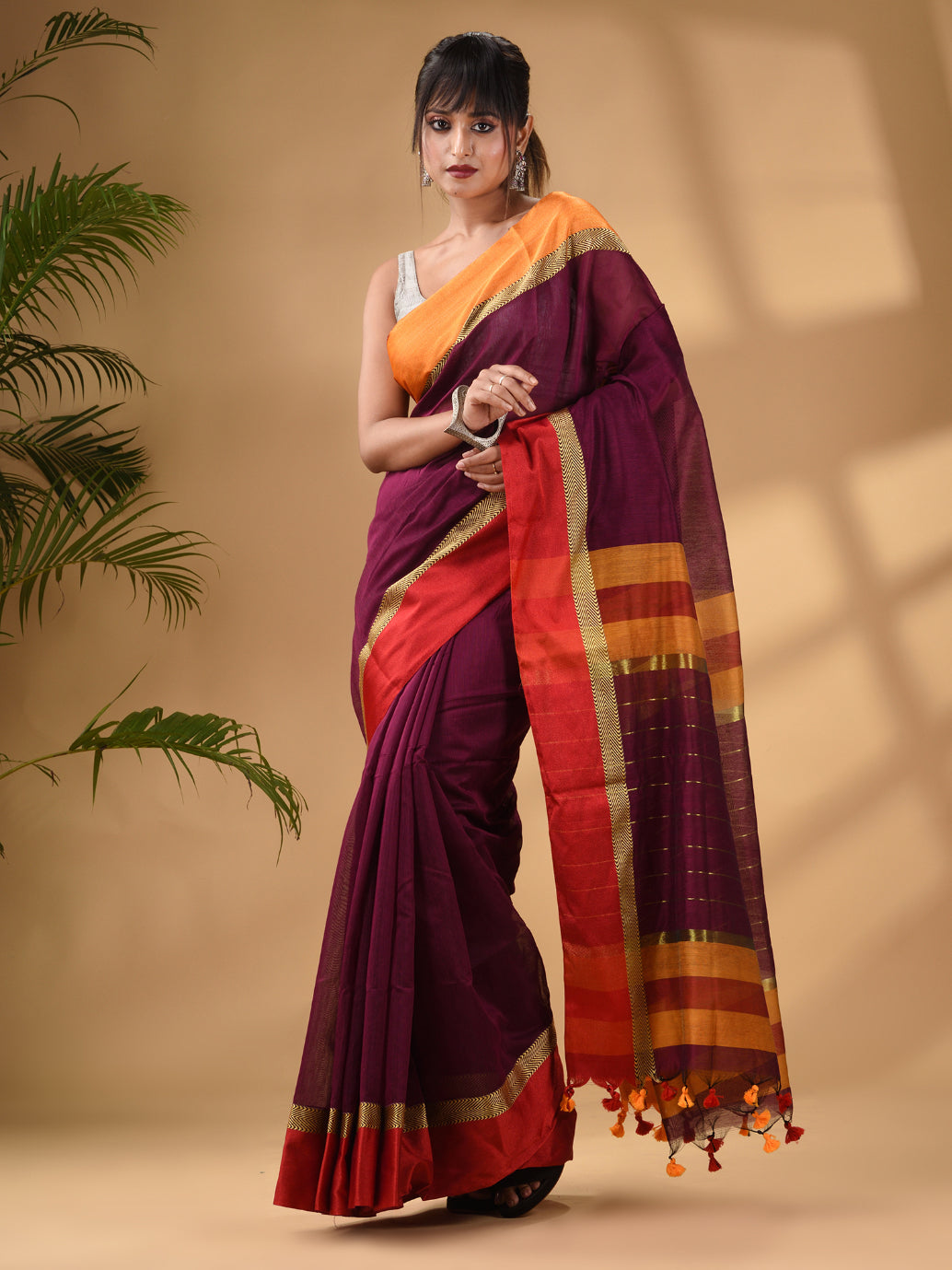 Magenta Cotton Blend Handwoven Saree With Stripes Pallu