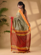 Load image into Gallery viewer, Ecru Cotton Blend Handwoven Saree With Stripes Pallu
