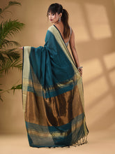 Load image into Gallery viewer, Teal Cotton Handwoven Soft Saree With Zari Border
