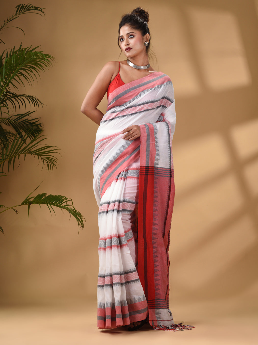 White Cotton Handwoven Soft Saree With Temple Border