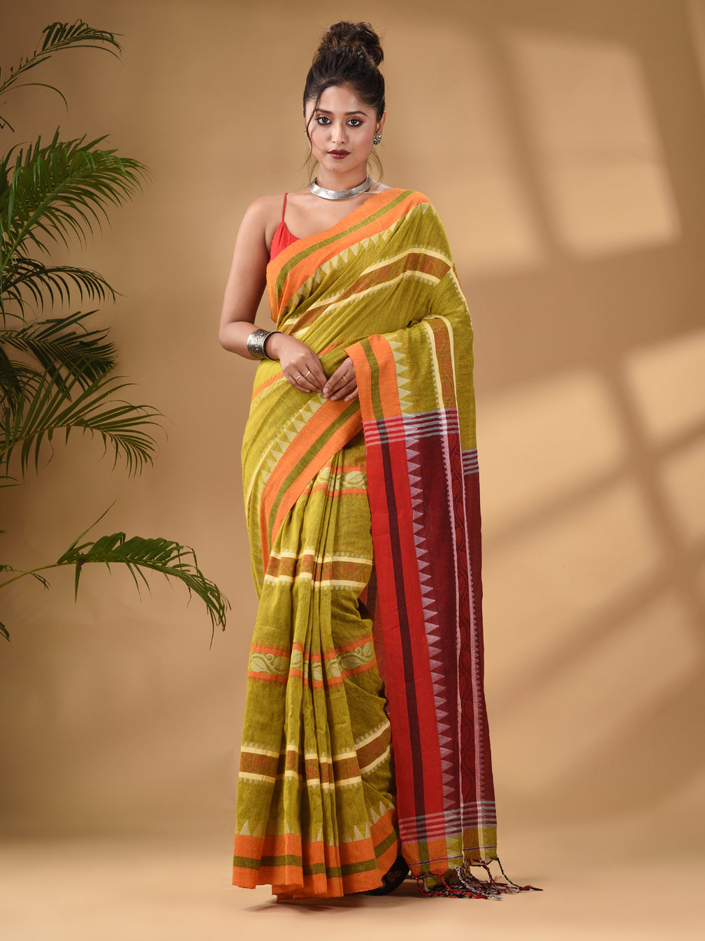 Lime Green Cotton Handwoven Soft Saree With Temple Border
