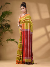 Load image into Gallery viewer, Lime Green Cotton Handwoven Soft Saree With Temple Border
