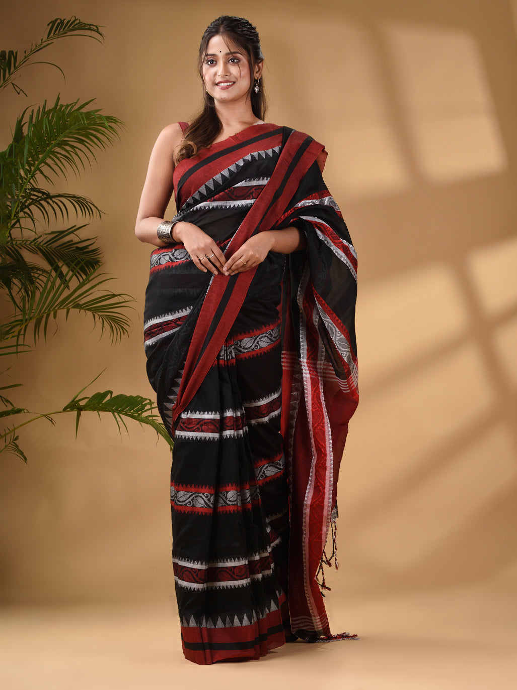 Black Cotton Handwoven Soft Saree With Temple Border