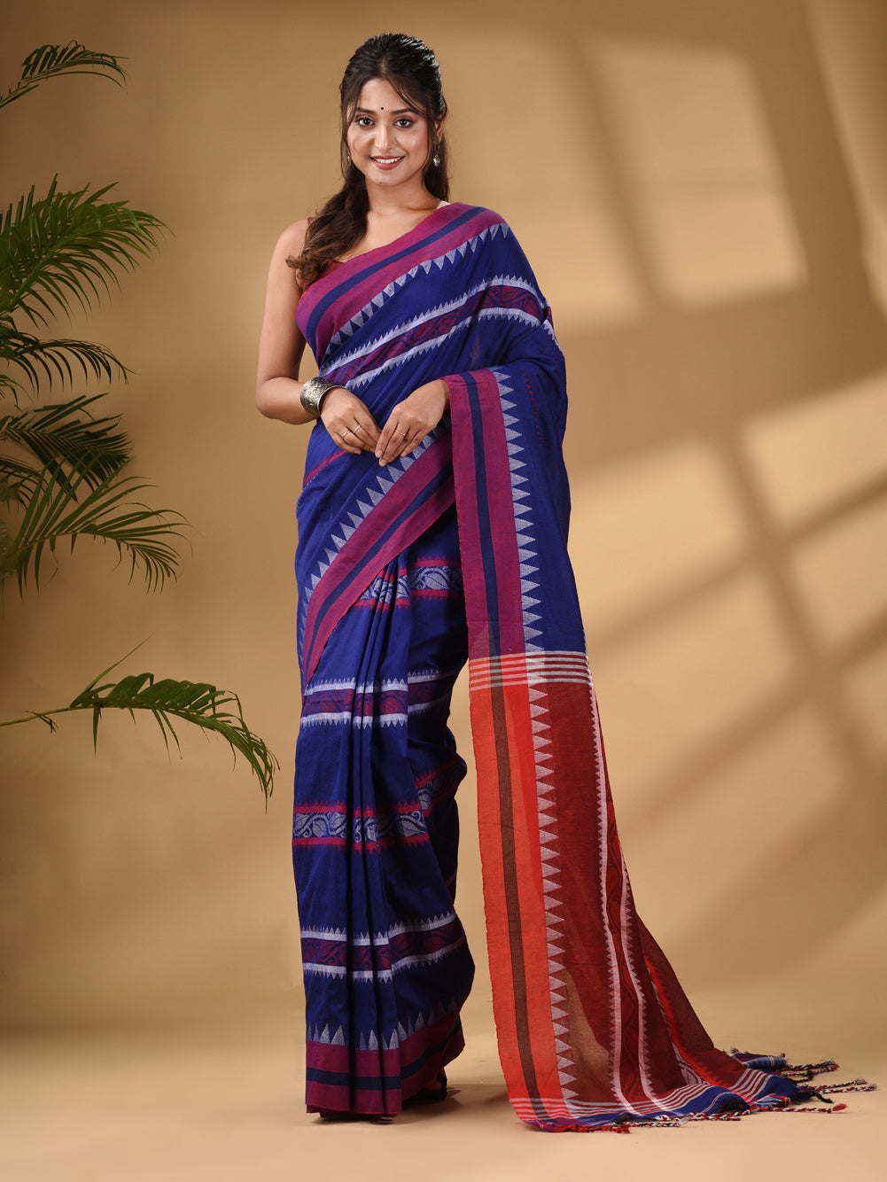 Blue Cotton Handwoven Soft Saree With Temple Border