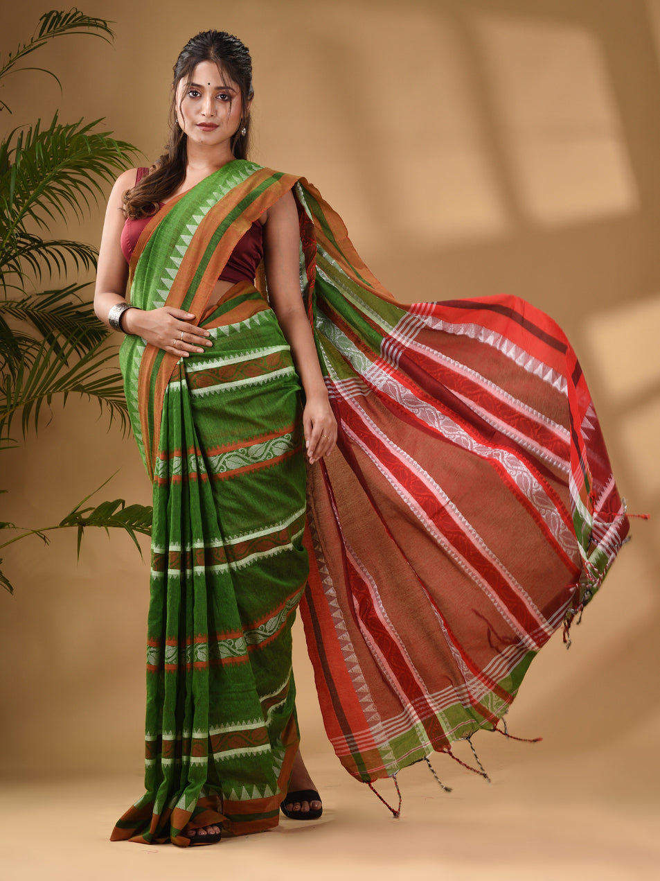 Light Green Cotton Handwoven Soft Saree With Temple Border