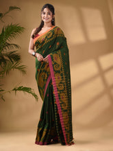 Load image into Gallery viewer, Dark Green Cotton Handwoven Saree With Paisley Border
