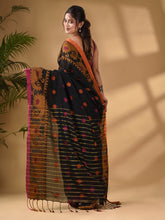 Load image into Gallery viewer, Black Cotton Handwoven Saree With Paisley Border
