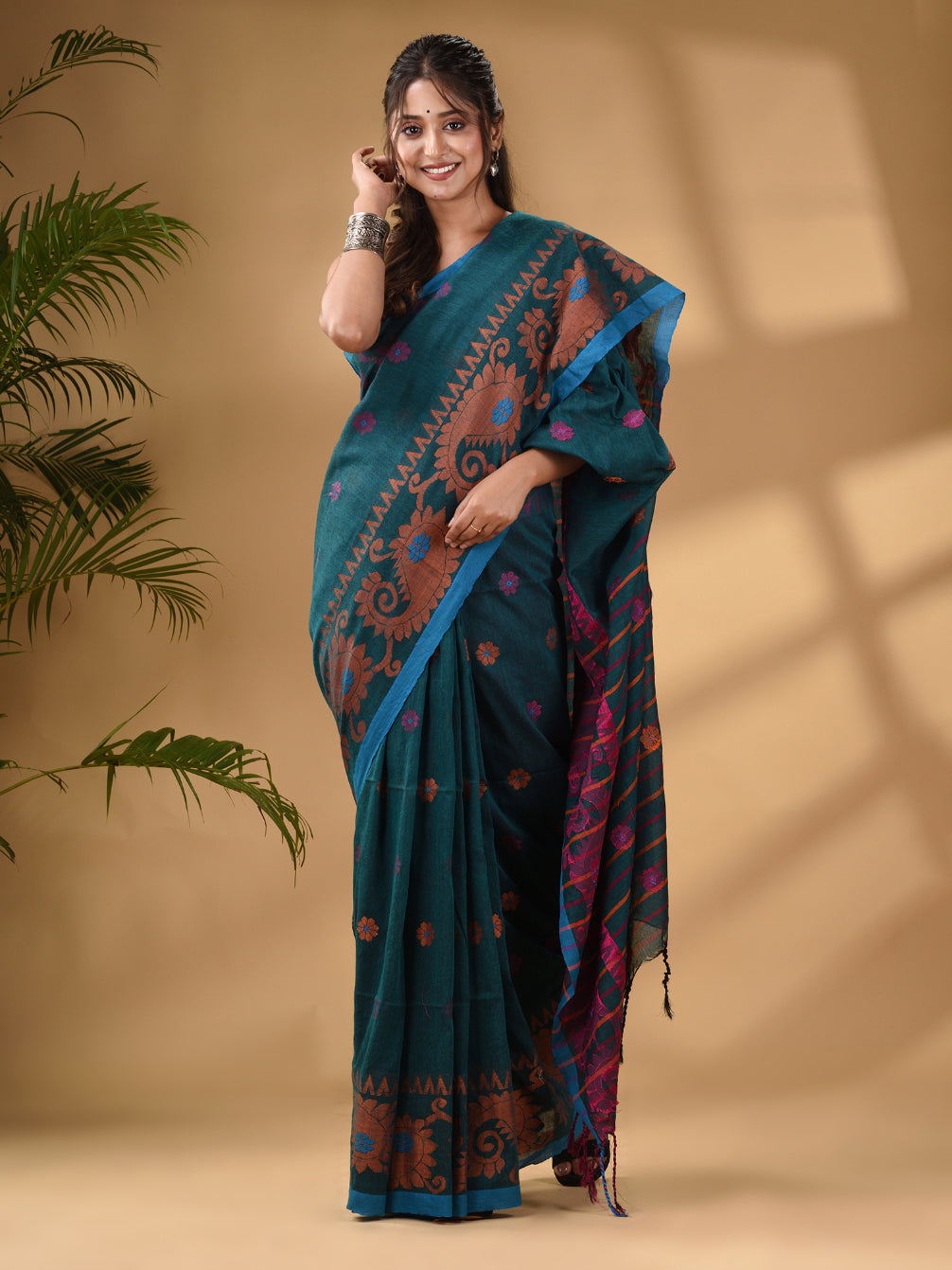 Teal Cotton Handwoven Saree With Paisley Border