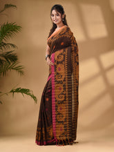 Load image into Gallery viewer, Brown Cotton Handwoven Saree With Paisley Border
