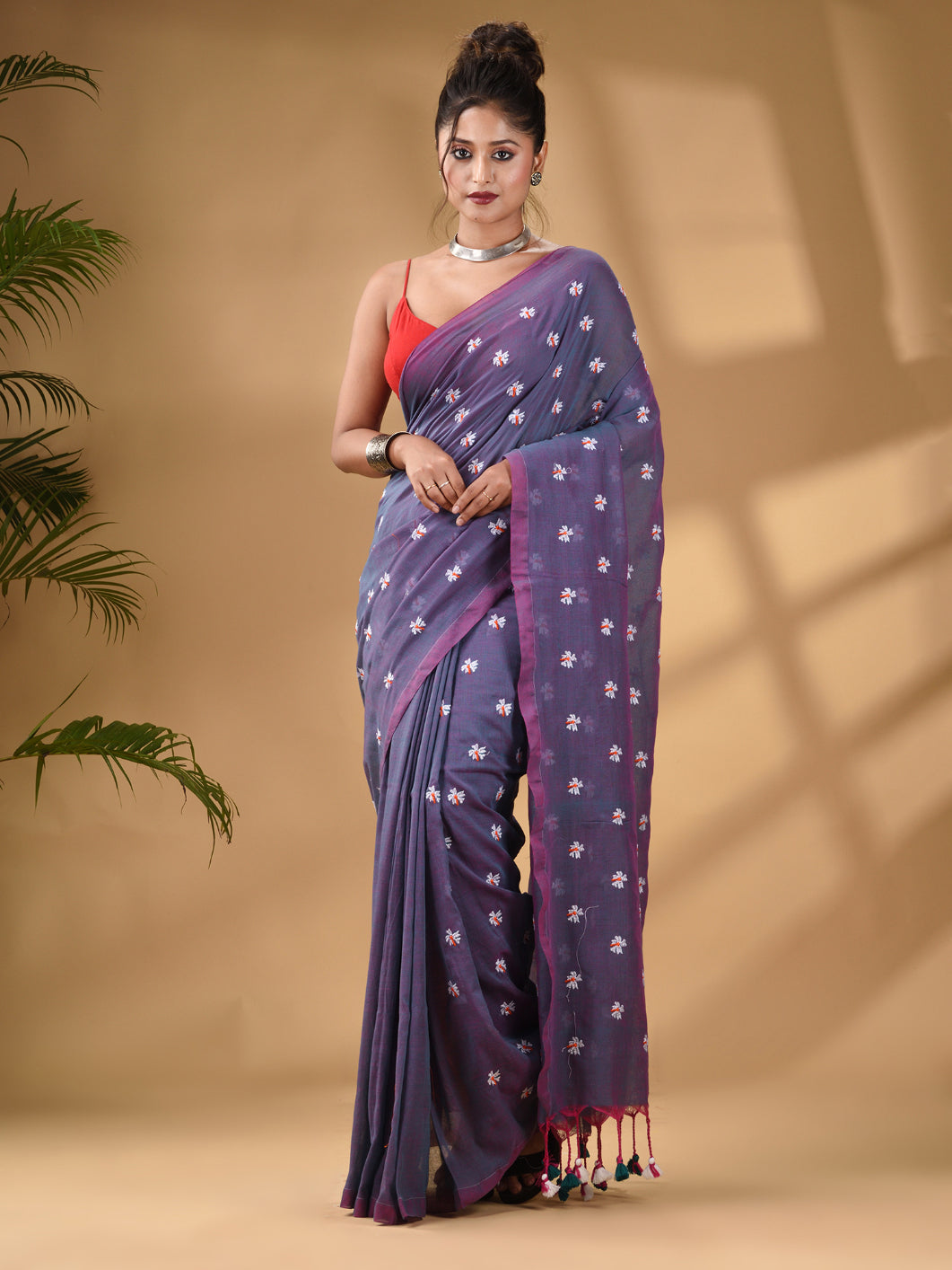 Lilac Cotton Handwoven Soft Saree With Floral Motifs