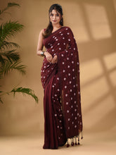 Load image into Gallery viewer, Maroon Cotton Handwoven Soft Saree With Floral Motifs
