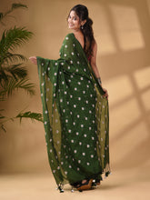 Load image into Gallery viewer, Green Cotton Handwoven Soft Saree With Floral Motifs
