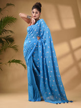 Load image into Gallery viewer, Sky Blue Cotton Handwoven Soft Saree With Floral Motifs
