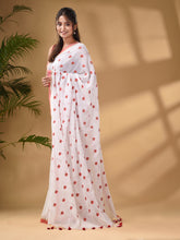 Load image into Gallery viewer, White Cotton Handwoven Soft Saree With Floral Motifs
