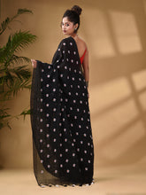 Load image into Gallery viewer, Black Cotton Handwoven Soft Saree With Floral Motifs
