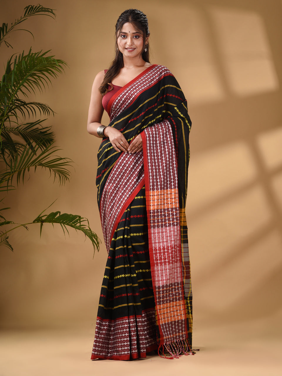 Black Cotton Handwoven Saree With Texture Border