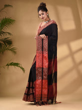 Load image into Gallery viewer, Black Cotton Handwoven Soft Saree With Paisley Border
