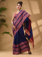 Load image into Gallery viewer, Blue Cotton Handwoven Soft Saree With Paisley Border
